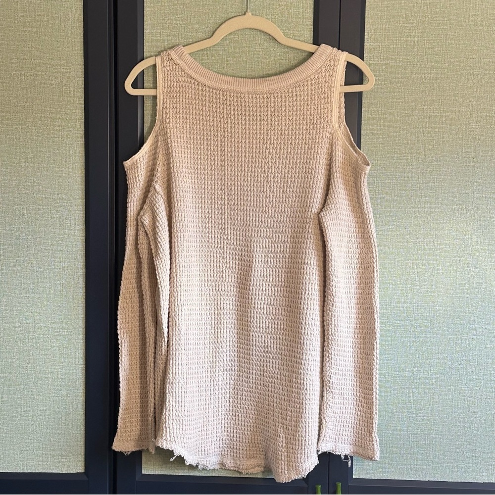 Free People Cold Shoulder Sweater 100% Cotton Cream Waffle Knit, NWT, Size M - Picture 2 of 4